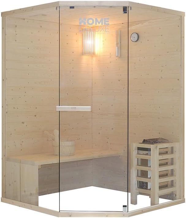 Home Deluxe - Traditionelle Sauna ARUNA L - Maße: ca. 130 cm × 130 cm × 190 cm, Holz: Fichtenholz, 8 mm klares Sicherheitsglas - inkl. Saunaofen und Saunazubehör