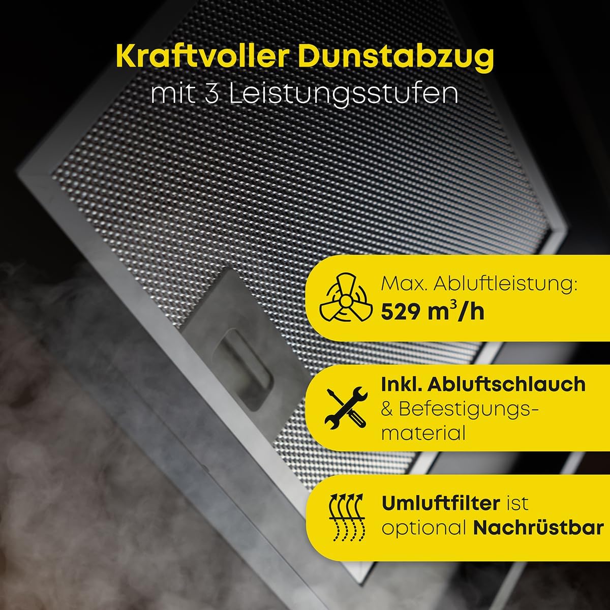 Bomann® Dunstabzugshaube 60cm mit bürstenlosem DC-Motor | Dunstabzugshaube Umluft oder Abluftbetrieb | Kopffreihaube mit 3 Stufen | Schräghaube mit Auto Opening & 5-lagiger Aluminium-Filter | DU 7605