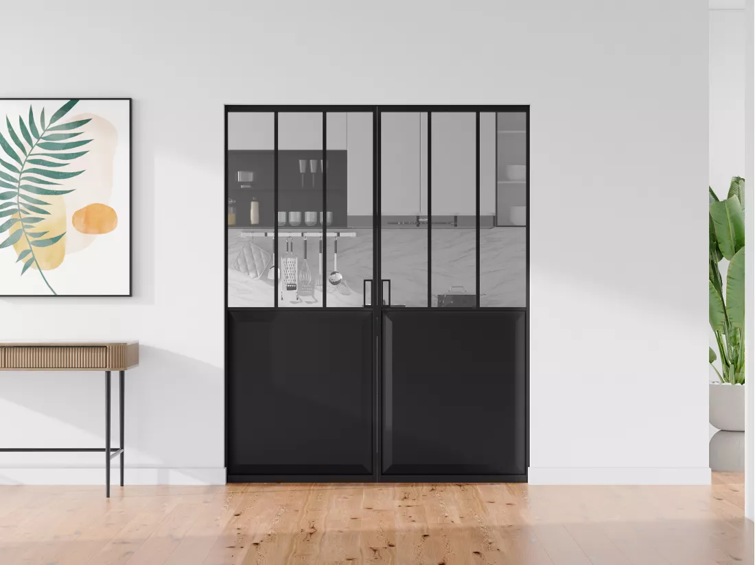 Porte coulissante double atelier avec système à galandage - Noir et verre trempé - 2 x H205 x L83 cm - ARTISTO II