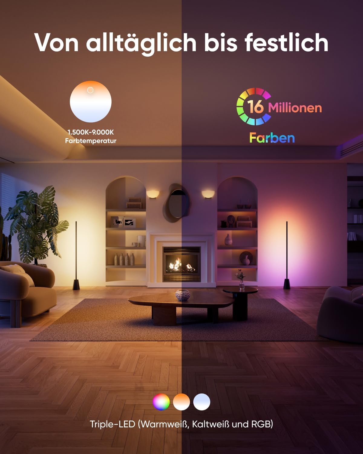 eufy Zimmer-Stehlampe E10, RGBWW LED, Smarte Stehlampe für Wohn- und Schlafzimmer, 16 Mio. Farben, 1700 Lumen, Kompatibel mit Google, Endlose KI-Lichtthemen, App-Steuerung, Musikmodus, Schwarz
