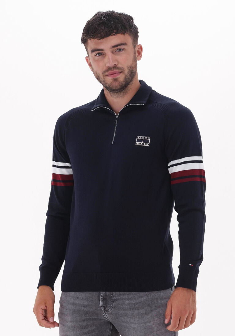 TOMMY HILFIGER donkerblauwe tommy hilfiger trui varsity sleeve stripe zip mock