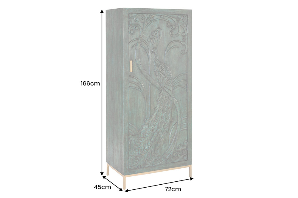 Massives Highboard PEACOCK 170cm grün Mangoholz antik 3D Schnitzerei Pfau-Design
