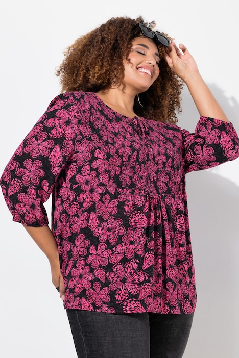 Smokbluse, floraler Druck, Rundhals, 3/4-Arm