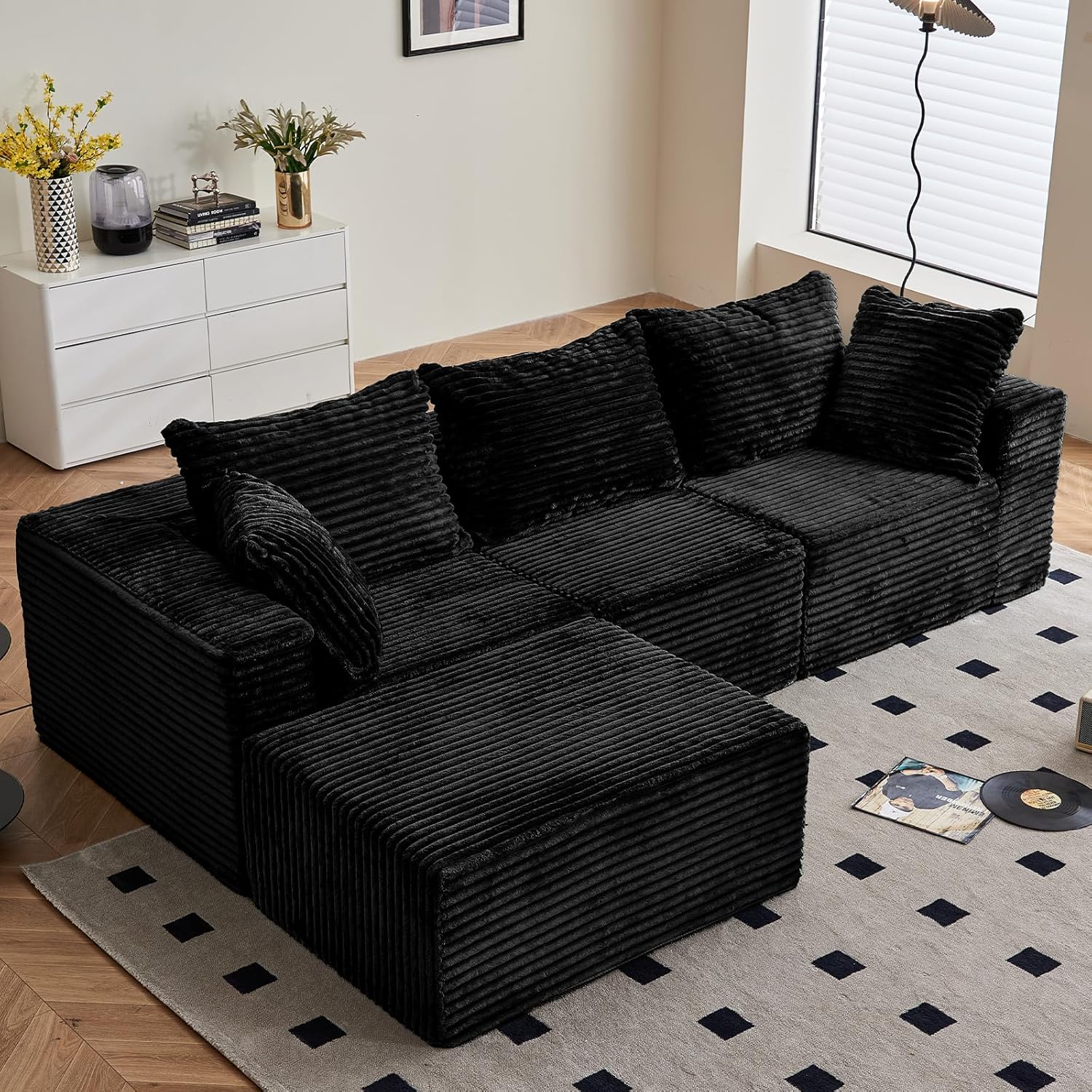 Vamcheer Ecksofa mit Schlaffunktion - Big Sofa Couch 3 Sitzer in L-Form, Modulares Boneless Schlafsofa als Wohnlandschaft, 274 x 102 cm, Schwarz