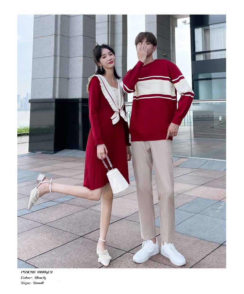 Azure - Matching Mock Two-Piece Midi Knit Dress met Puff-Sleeve en Tweekleurige Kunstparels / Lange Mouw Ronde Hals Gestreepte Trui / Middelhoge Rechte Broek