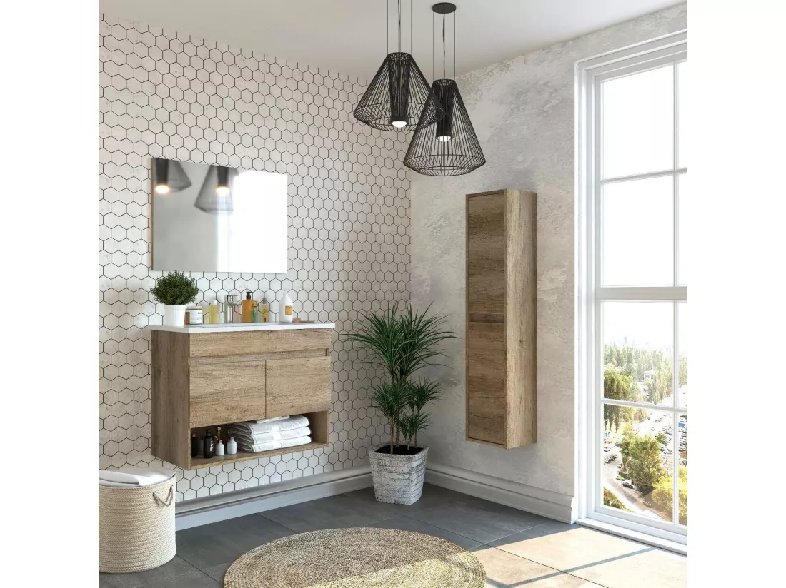 Shreveport Meuble sous-vasque, meuble de salle de bain 2 portes, meuble suspendu avec étagère et miroir, évier non inclus, 80 x 45 h 64 cm, chêne