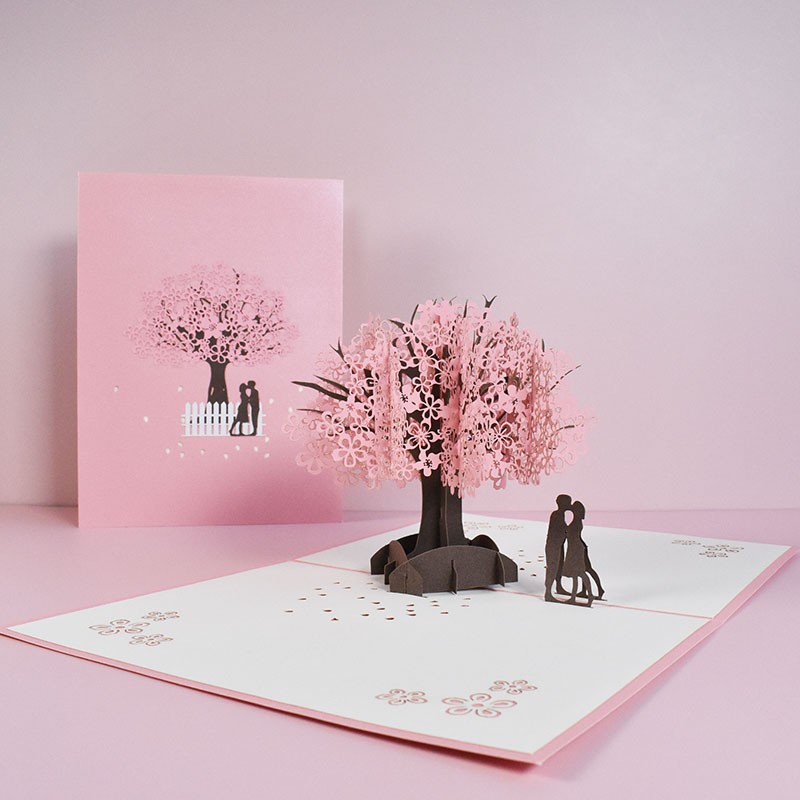 Hochzeits Glückwunschkarte Paar unter Baum Valentinstags Pop-Up Doppelkarte   Umschlag - Rosa