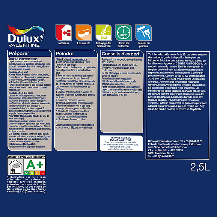 Peinture Crème De Couleur Dulux Valentine mat lin clair 2,5L