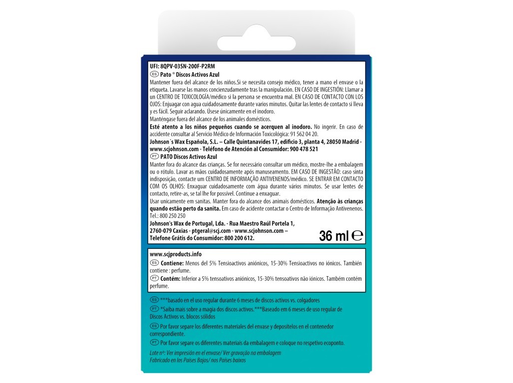 BLOCO SANITÁRIO DISCOS PATO APARELHO ÁGUA AZUL 36ML
