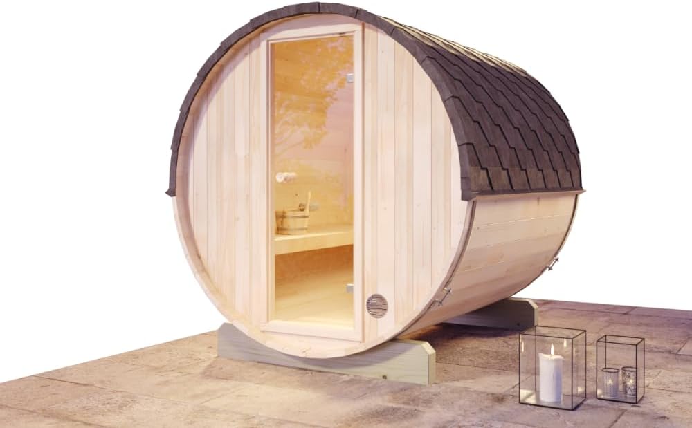 Fass-Sauna Mini S, 194 x 220 x 194 cm Gartensauna, Outdoor Sauna mit 42 mm Wandstärke, inkl. Montagematerial, Glastür aus Sicherheitsglas, 4 Personen, inkl. Dachschindeln, Außensauna