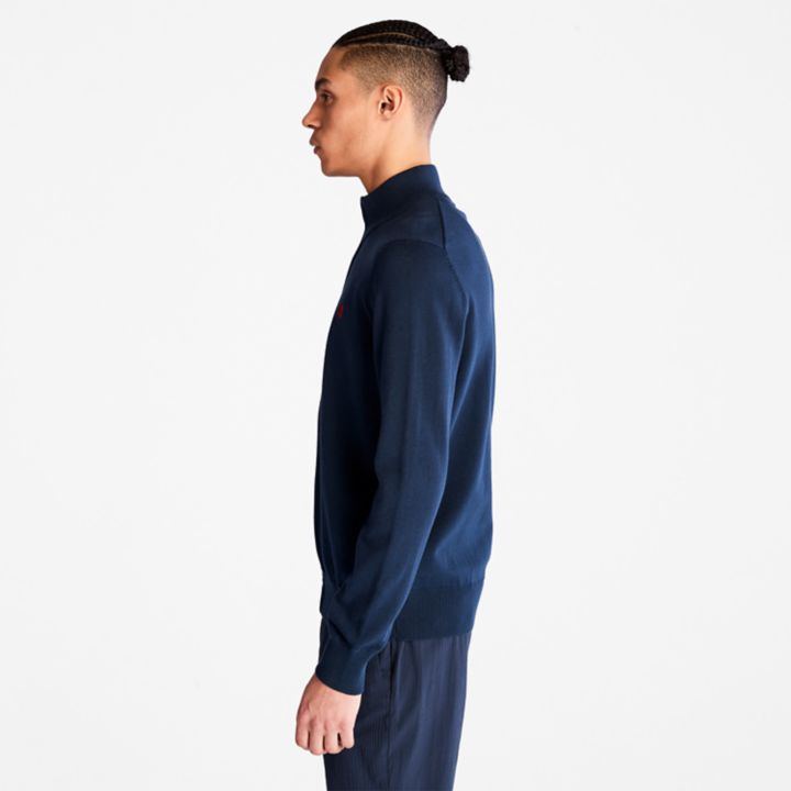 Suéter masculino Williams River de algodão com zíper frontal na cor azul marinho.