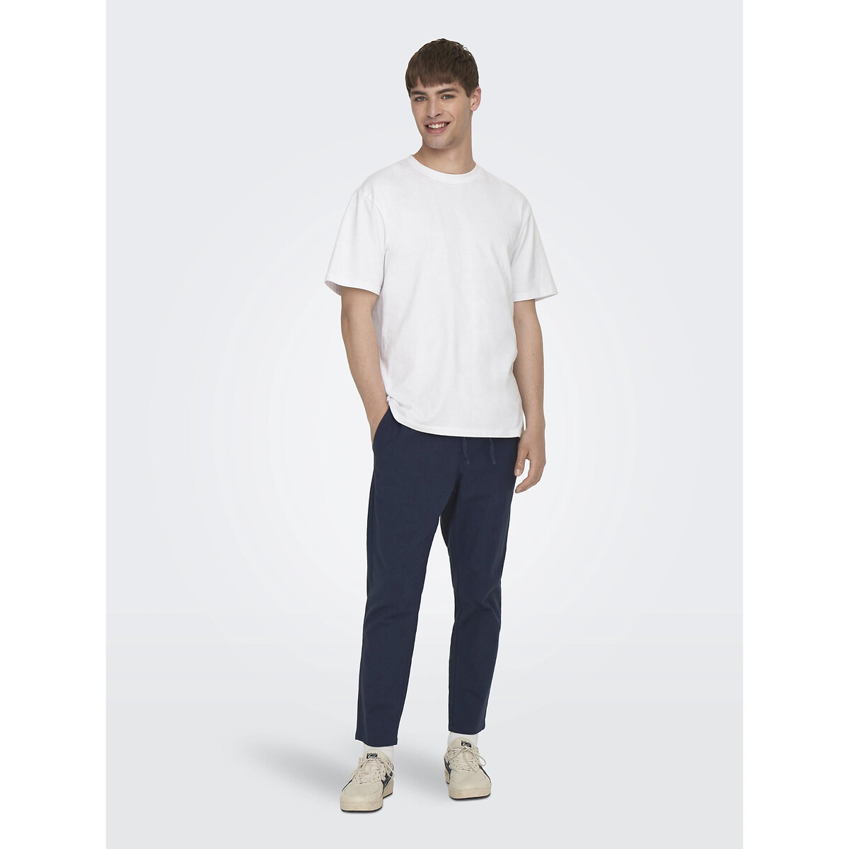 ONLY & SONS<br>Calças de algodão e linho com cordão na cintura