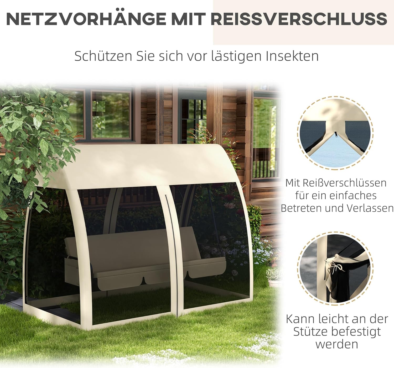 Outsunny 2 in 1 Hollywoodschaukel mit Liegefunktion 3-Sitzer Gartenschaukel mit Baldachin, Mückennetz, Schaukelbank belast bis 300kg, Gartenliege für Garten, Terrasse, 240 x 140 x 197 cm, Kaffee