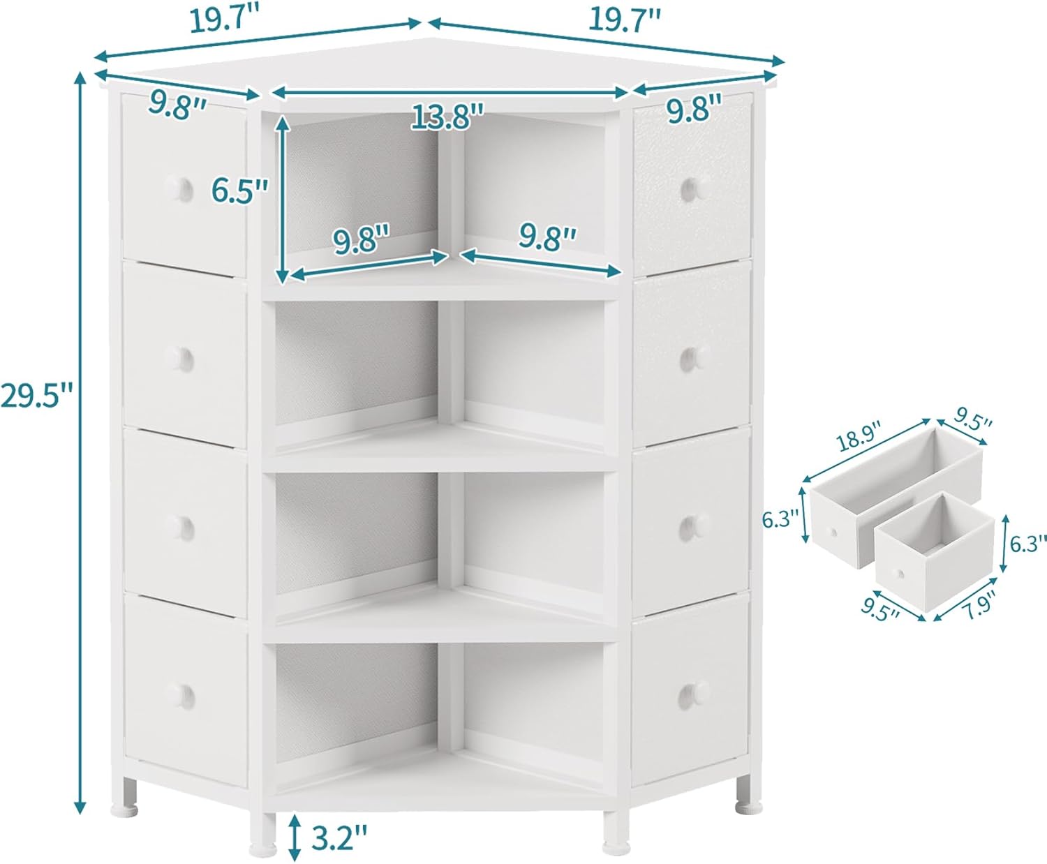 LUMTOK Eckkommode mit 8 Schubladen, Holzplatte und Regalen, Weiß, LT1100#