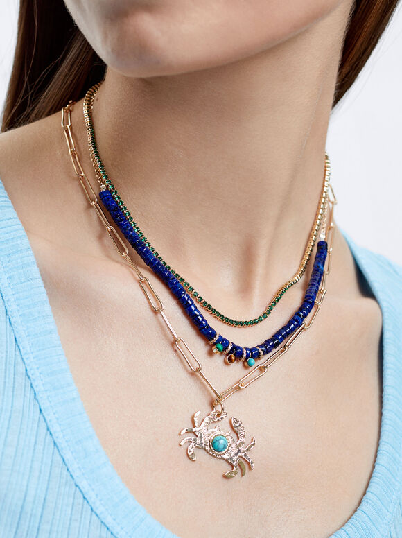 Conjunto de colar com pedra e pingente - Multicor