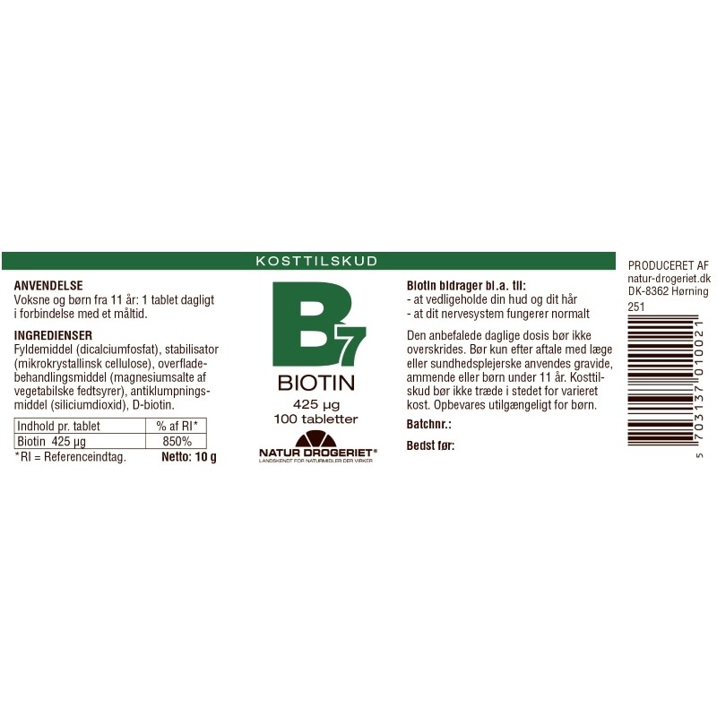 Natur Drogeriet B7 Biotin 425 ug 100 Pieces
