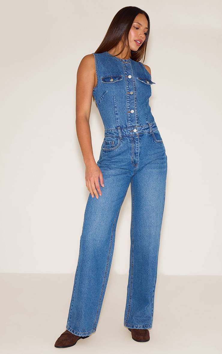 Mid Blue Wash Combinaison En Jean Sans Manches Style Chemise Pour Grande Taille