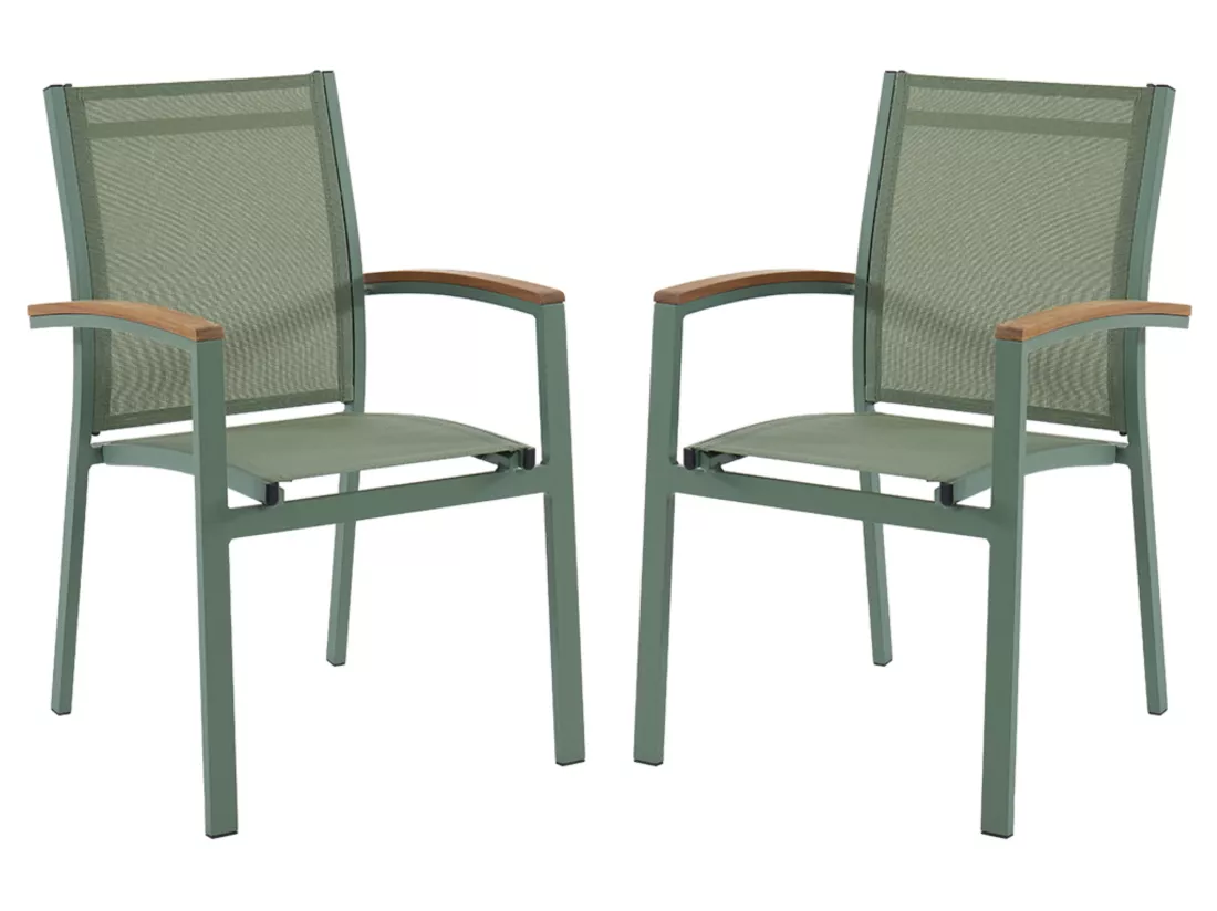 Lot de 2 fauteuils de jardin empilables en aluminium et textilène - Vert amande et accoudoirs acacia - TAIPIVAI de MYLIA