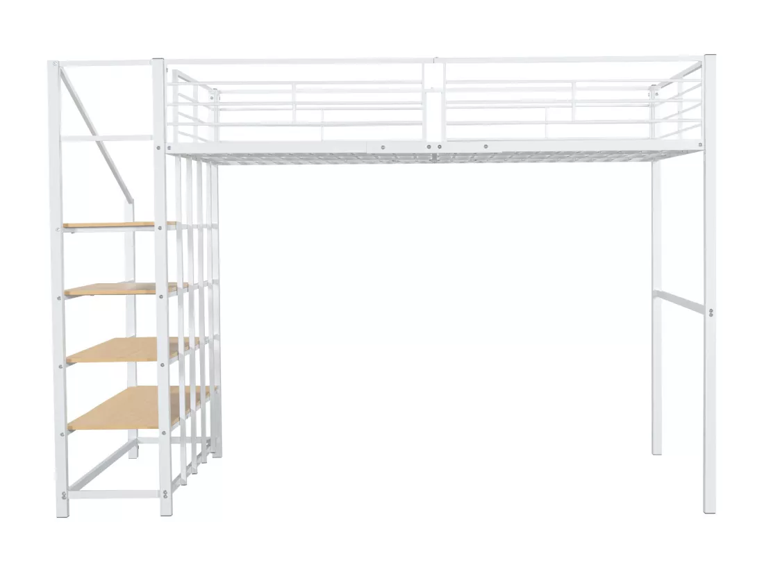 Lit mezzanine 140 x 200 cm avec grand escalier - Métal + Contreplaqué + MDF - Sommier à lattes - Blanc