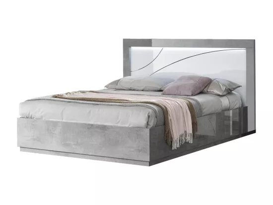 LINEAL - Ensemble Lit-Coffre 160x200cm avec Leds + 2 Chevets Laqués Blanc et Gris Béton