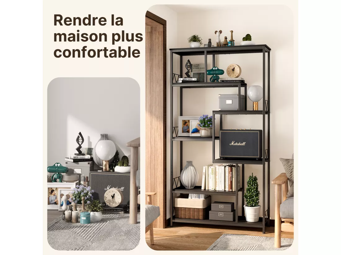 Bibliothèque Bealife Étagère de Rangement 7 Niveaux Cadre en Métal Pied Réglable 100 x 30 x 180 cm Noir