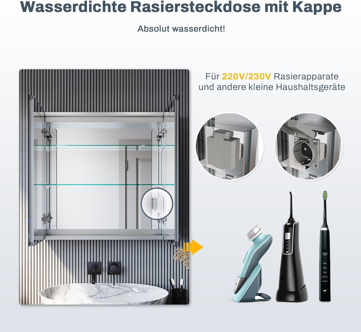 SONNI Spiegelschrank Bad mit Beleuchtung 65 cm breit, IP44, 3 einstellbare Lichtfarbe, doppeltürig Aluminium beschlagfrei Badezimmer spiegelschrank mit Steckdose, Kabelloses Scharnier