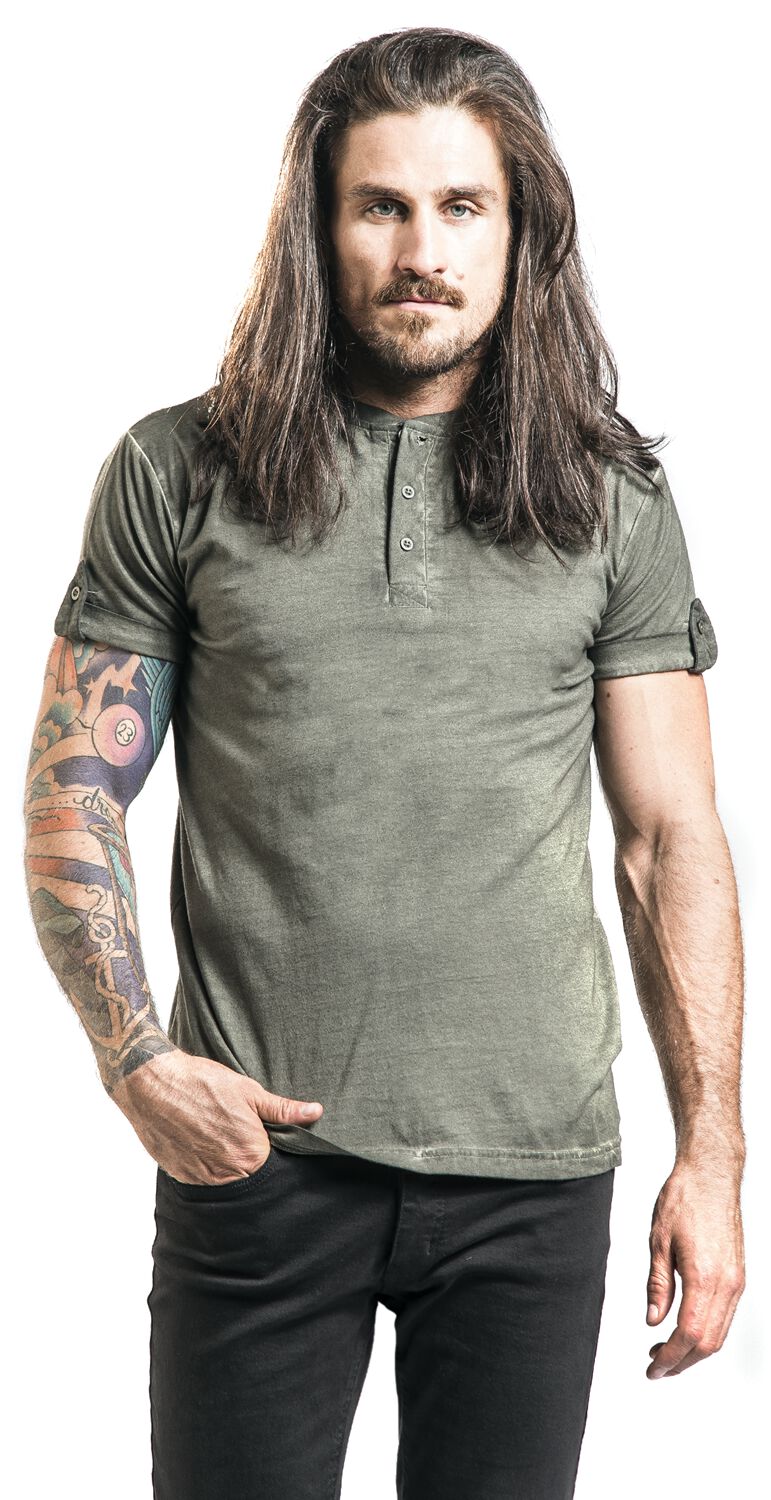 T-Shirt Vert Boutonné Avec Manches Retroussées | Black Premium by EMP T-Shirt Manches courtes