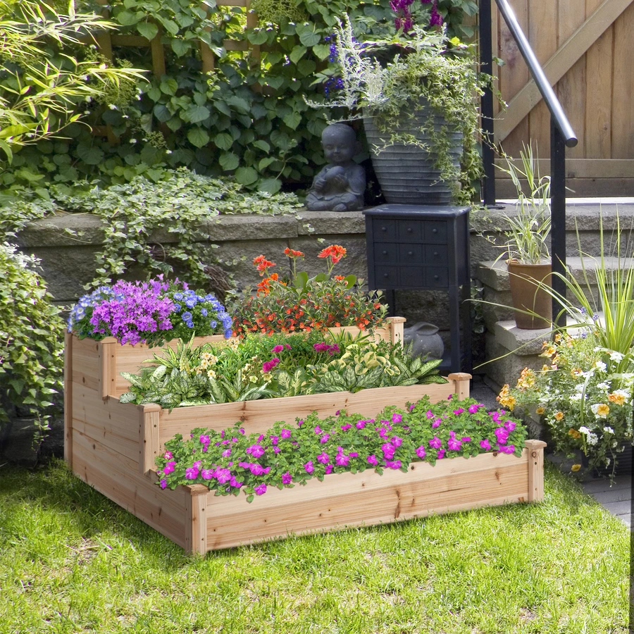 Outsunny Hochbeet mit stufenförmiges Design natur