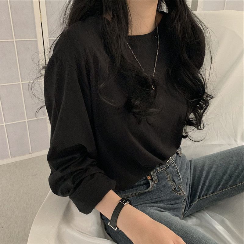 Soufu - Effen T-shirt met lange mouwen en ronde hals