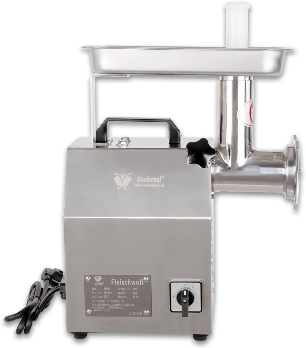 Beeketal 'FW120B' Profi Gastro Edelstahl Fleischwolf mit 120 kg/Std. Durchsatz,800 Watt Motor, 1 Geschwindigkeit, Tragegriff, inkl. 3x Messer, 3x Lochscheiben (3-6-8 mm), Stopfer, Rückwärtsgang