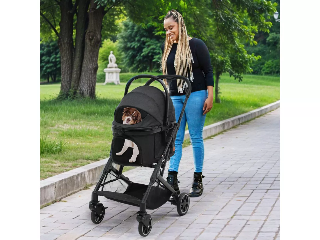 YITAHOME Poussette Chien pour Chien Chat - 15.9kg - avec Panier de Rangement - 4 Roues - Pliable Portable - Noir
