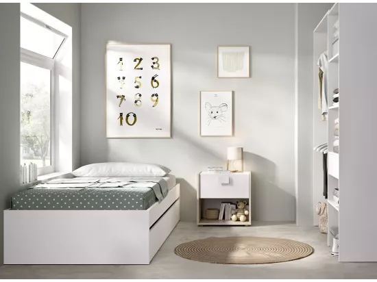 Ensemble de lit gigogne avec 2 tiroirs + Table de nuit + armoire pour enfant coloris blanc