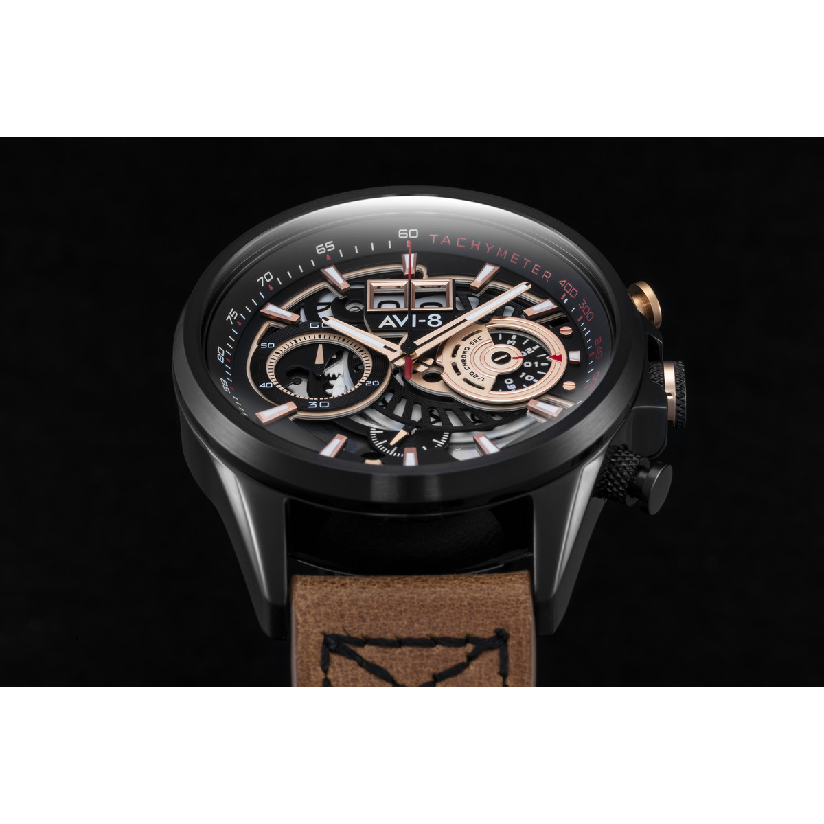 Montre AVI-8 homme chronographe acier noir cuir