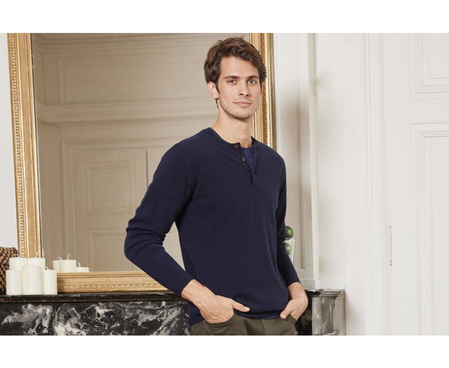 Pull laine homme col rond boutonné Bleu marine - CULIAN