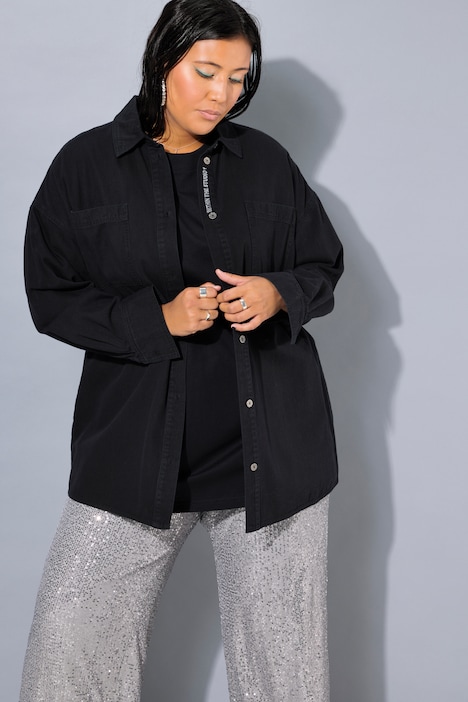 Jeanshemd, oversized, Knopfleisten-Stickerei