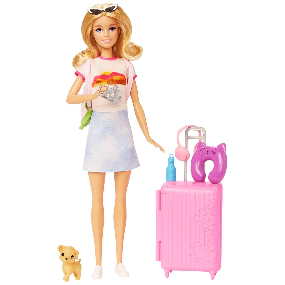Barbie Reisepuppe mit Hund und Urlaubsaccessoires-Set