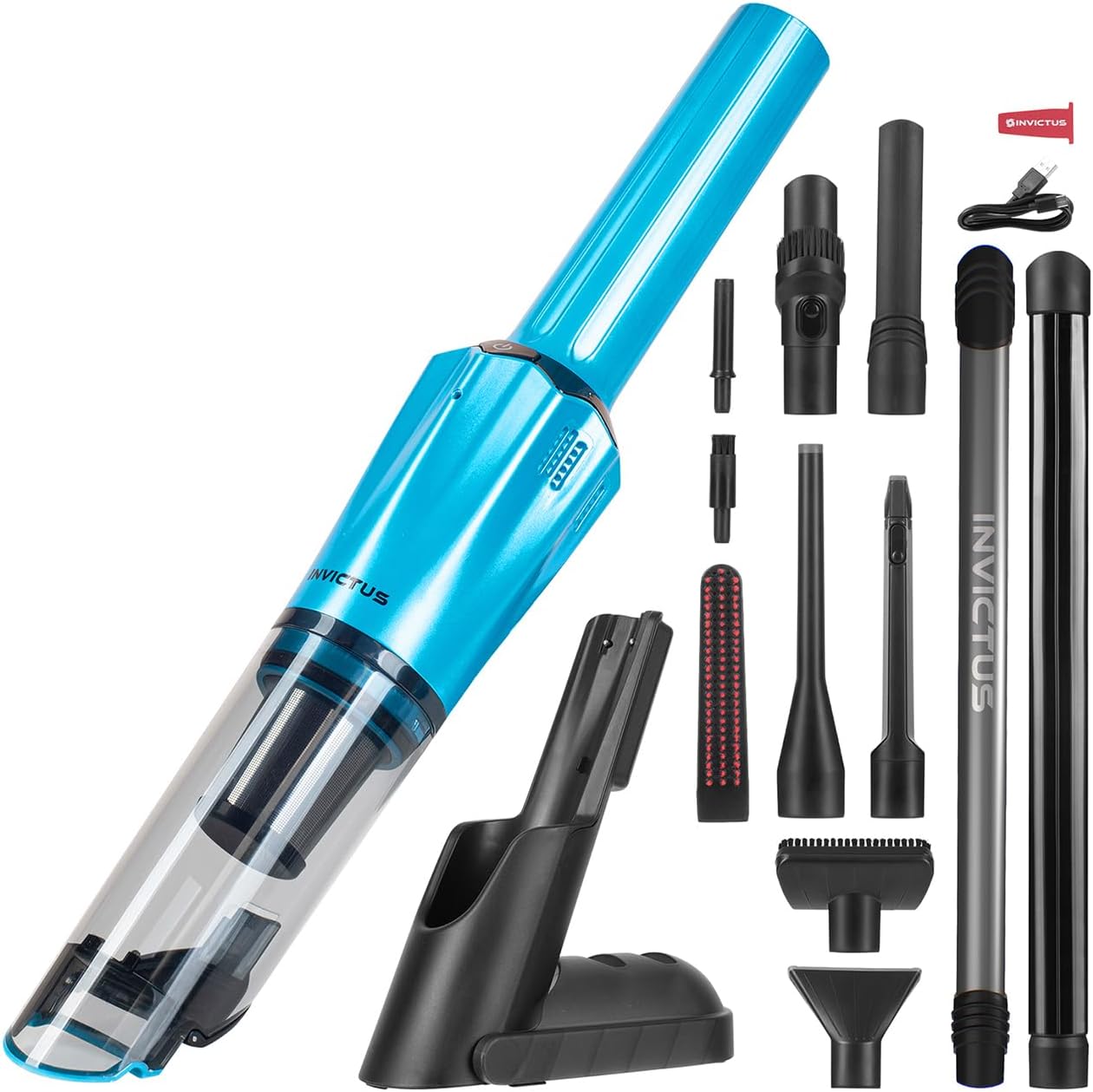 Genius Invictus ONE Prestige Deluxe Akku-Handstaubsauger Set 18 TLG, Auto Staubsauger, Saugleistung 12000 Pa, Ladestation, HEPA Filter, Kombi Düsen, Tierhaarbürste, Staubbehälter 70 ML. Farbe Blau
