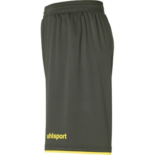 Calções Club Uhlsport nas cores verde-oliva escuro/amarelo fluorescente
