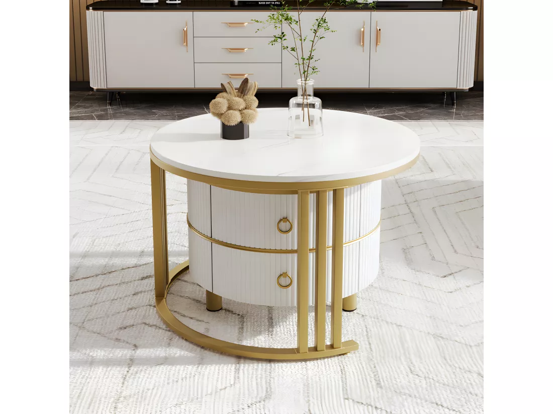 Lot de 2 tables basses gigognes avec 2 tiroirs - plateau à motif de marbre - Doré & Blanc