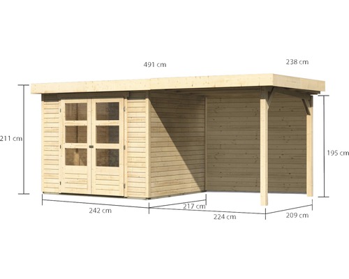 Karibu Kodiak 3 tuinhuis inclusief lessenaarsdak (2,4 m) en achterwand (491 x 238 cm), natuurlijke afwerking