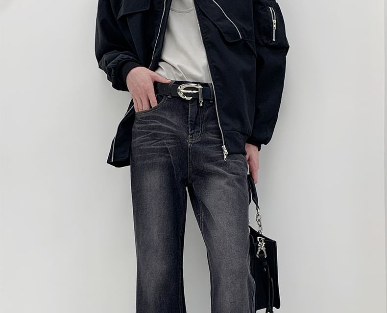 Freehop - Mid Rise Washed Flared Jeans