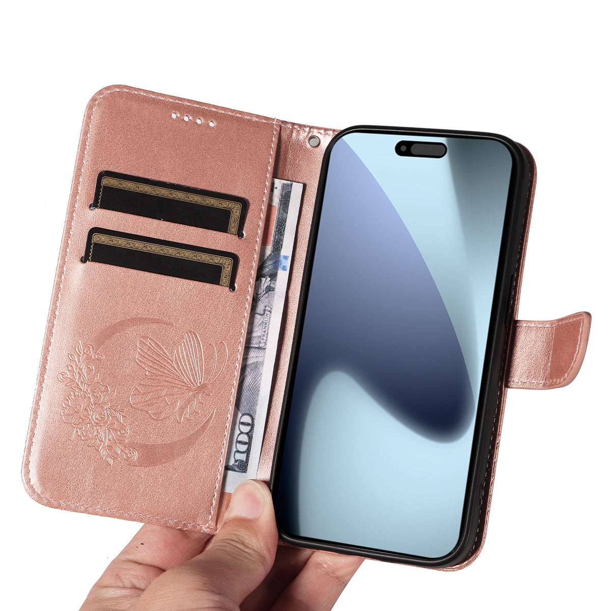 iPhone 17 Pro Leder Tasche Flip Cover Schmetterlinge Imprint - Roségold