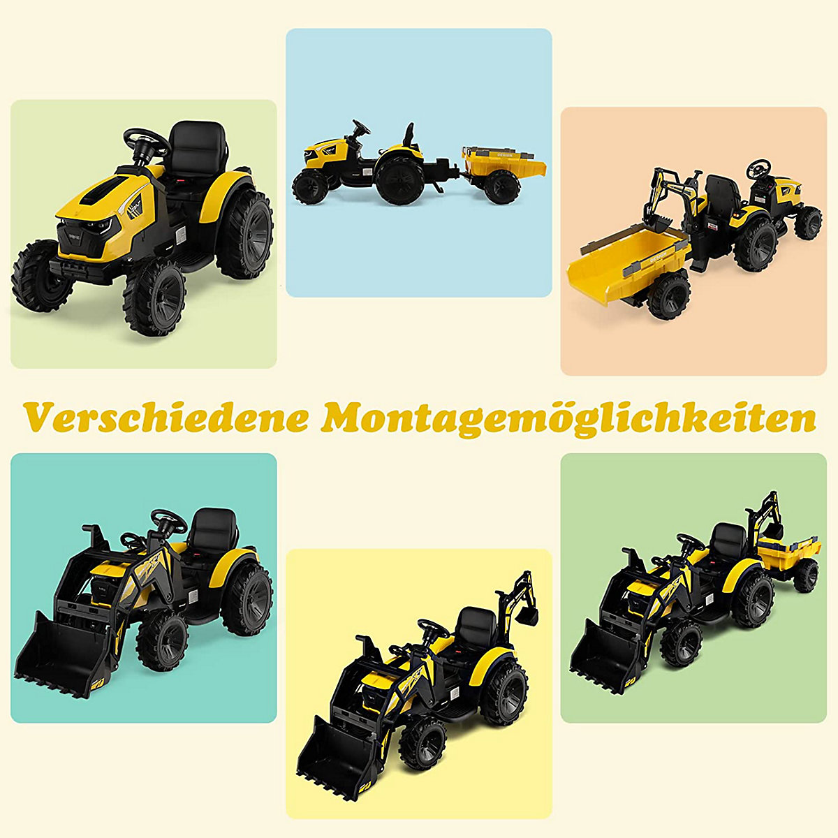 COSTWAY&reg; 12V Traktor mit Anh&auml;nger Elektroauto mit Fernbedienung & Musik gelb