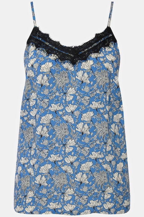 Top, V-Ausschnitt mit Spitze, floraler Print