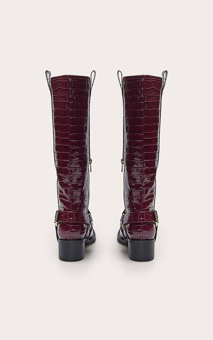 Rouge Bordeaux Bottes Hautes À Détails Boucles Effet Croco Verni