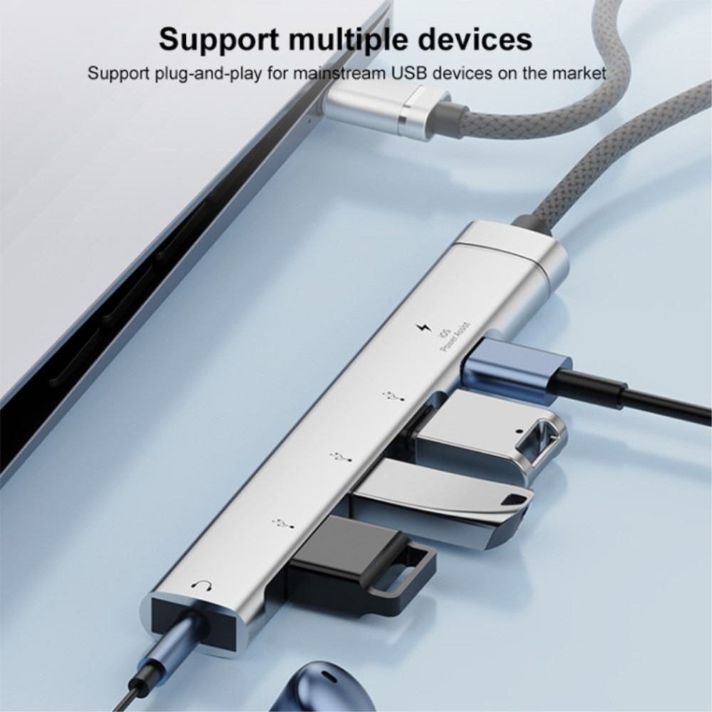 USB C 5 in 1 Multiport Adapter HUB mit 2x USB C (1x PD) / 2x USB 2.0 / 1x 3.5 mm Klinke - Grau