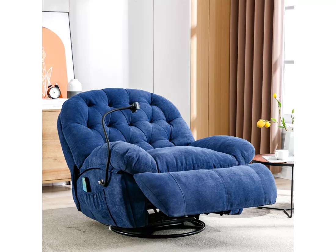 Fauteuil massant en tissu avec télécommande, pivotante et chauffée, 4 zones/5 modes/3 Minuteur, 155x92x90cm