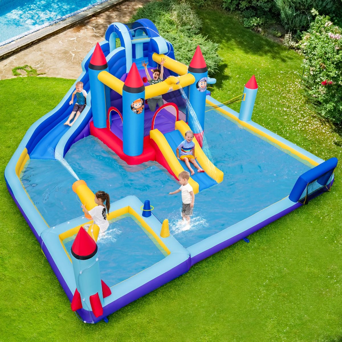 Château Gonflable à Toboggans Aquatiques Thème de La Fusée pour Enfants Piscine Zone de Saut Pistolet à Eau Escalade Souffleur de 850 W Multicolore