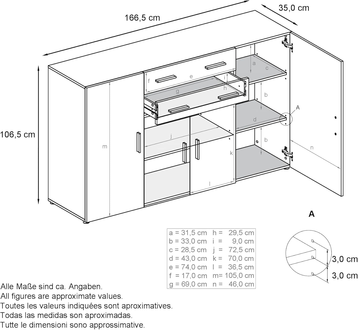 Vladon Highboard Aron Anrichte mit 2 Schubladen und 4 Türen mit insgesamt 8 Fächer dahinter, Weiß matt/Weiß Hochglanz (166,5 x 106,5 x 35 cm)
