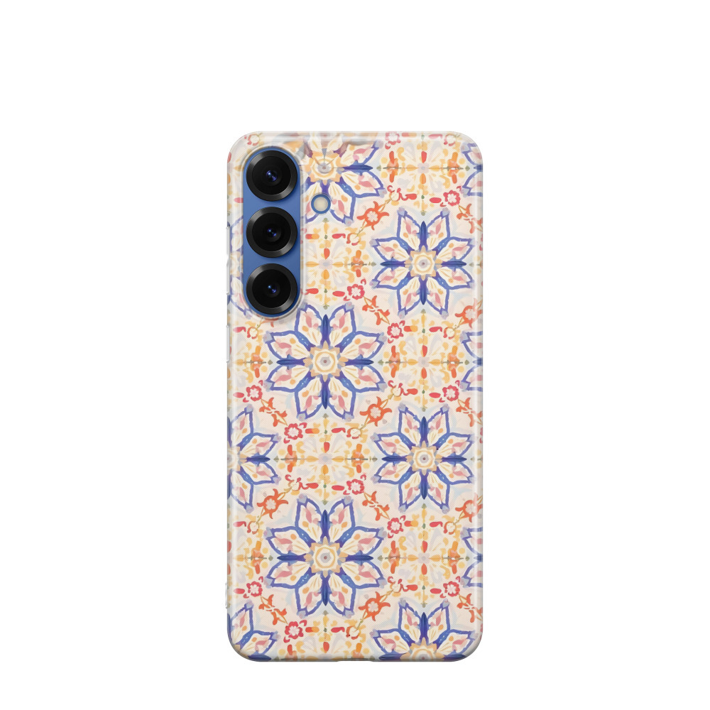Samsung Galaxy S25 Plus Gummi Hülle Majolika-Aquarellblüte - Blau / Gelb / Rot